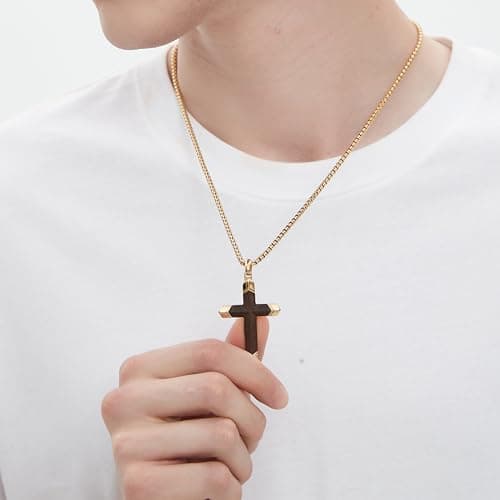 Ropartman Hand-Inlaid Ebony Gold Stainless Steel Cross Necklace for Men