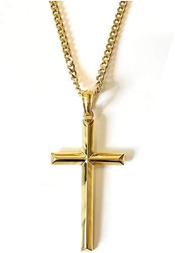 14K Gold Miami Cuban Link Cross Pendant Necklace for Men & Women