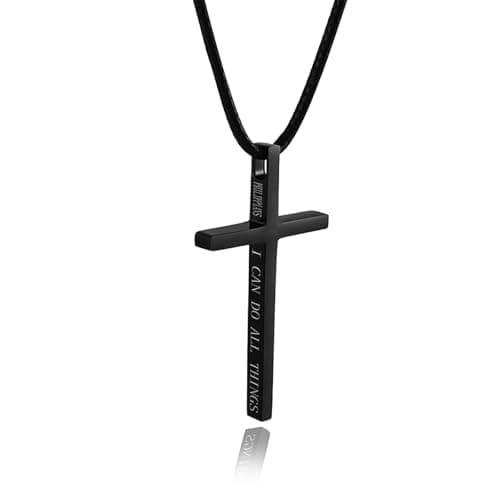Men's Large Hactnion Leather Cross Necklace, 24-28" Black Rope, 316 Stainless Steel Cross, Bible Verse
