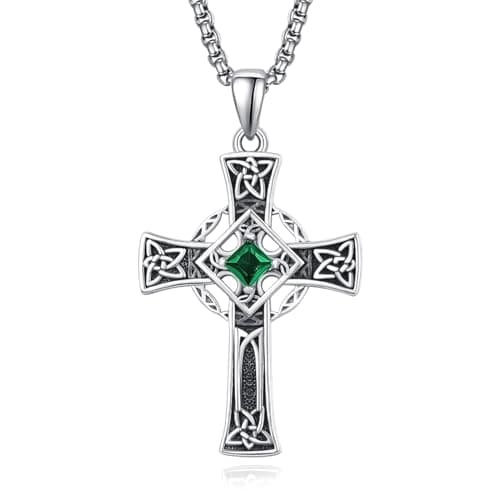 Admetus Sterling Silver Celtic Cross Necklace for Men with Birthstone Chain