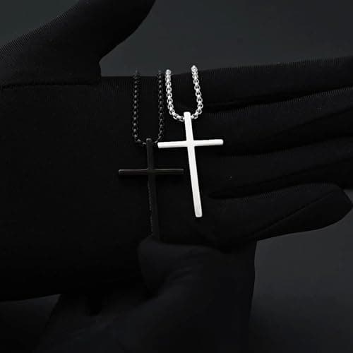OLARCU Men's Silver & Black Stainless Steel Bible Verse Cross Pendant Necklace