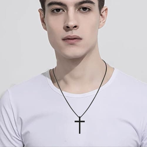 OLARCU Men's Silver & Black Stainless Steel Bible Verse Cross Pendant Necklace