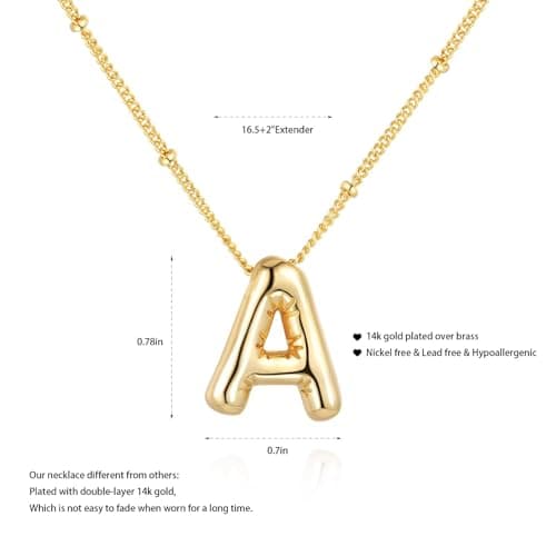 Qyalie Gold Plated Chunky Bubble Initial Letter Necklace for Women