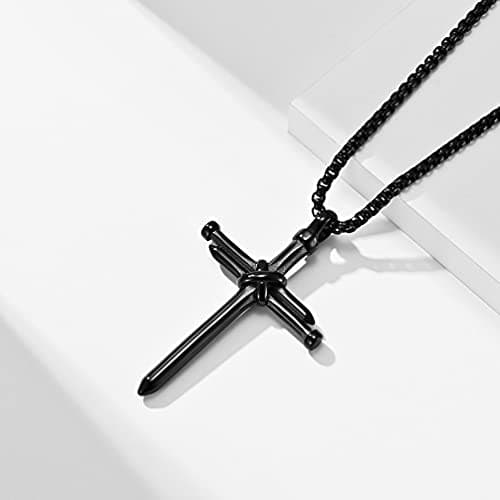 Stainless Steel Vintage Black Gold Silver Nail Cross Pendant Chain Necklace for Men