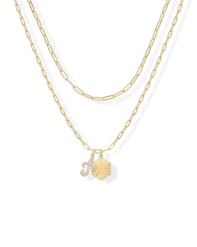 PavoI 14K Gold Plated Hexagon Initial Pendant Layered Necklace for Women | Paperclip Chain
