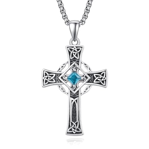 Admetus Sterling Silver Celtic Cross Necklace for Men with Birthstone Chain
