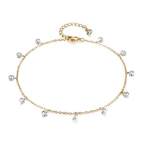 LOYATA 14K Gold Plated Dainty Ankle Bracelet with White CZ Cross Tassel Boho Jewelry for Women