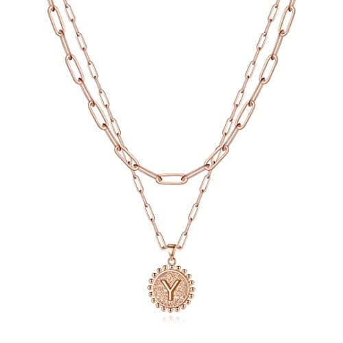 Ursteel Layered Initial Necklaces for Women - 14K Gold Plated Paperclip Chain with Coin Pendant