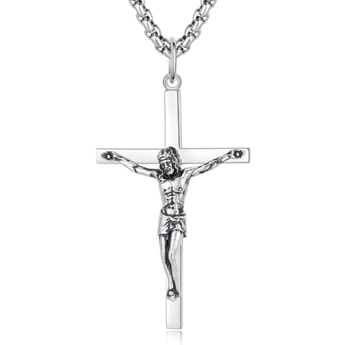 FANCIME Men's Sterling Silver Crucifix Necklace, Strong Stainless Steel Chain, Polished Finery