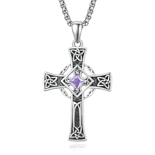 Admetus Sterling Silver Celtic Cross Necklace for Men with Birthstone Chain