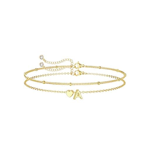 DearMay Dainty Heart Initial Gold Bracelets for Women Trendy 14K Real Gold Jewelry
