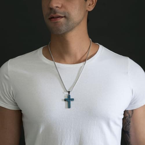 Holizaly Men's 316L Stainless Steel Cross Pendant White/Gold/Black/Blue Rolo Chain-Gift Box Included