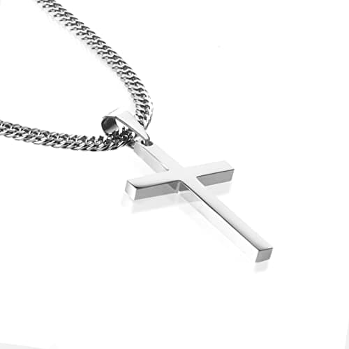 Men's Silver Gold Stainless Steel Plain Cross Pendant Necklace Cuban Chain 18-26 Inch