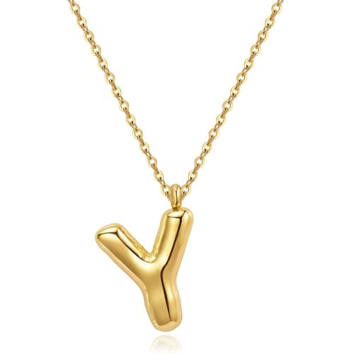 YeGieonr Tarnish-Free Gold Stainless Steel Initial Necklace with Bubble Letter Pendant