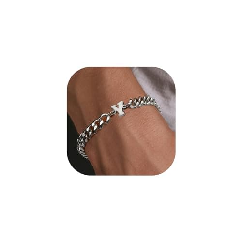 Stainless Steel Initial Bracelet for Men - Dainty Silver Cuban Link