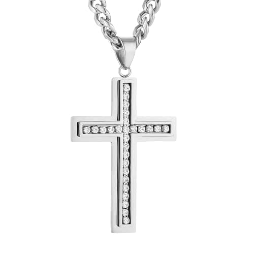 HZMAN Men's Stainless Steel Cross Necklace with CZ Inlay 7mm Cuban Chain 24 inches