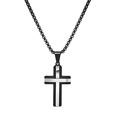 Men's Edforce Stainless Steel Double Layer Cross Pendant Necklace, 24" Chain