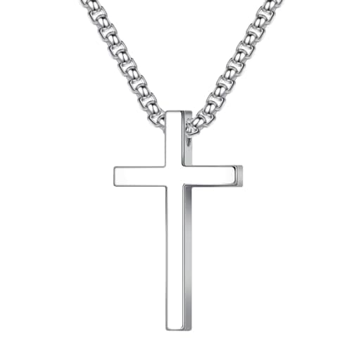 18K White Gold Plated Stainless Steel Cross Necklace for Men and Women