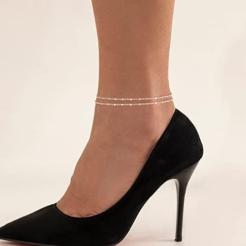 Freekiss Sterling Silver Layered Waterproof Anklet for women Adjustable Beaded Cuban Link Jewelry
