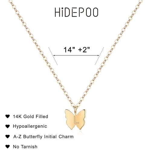 Hidepoo Initial Butterfly 14K Gold/Silver/Rose Gold Filled Choker Necklace for Girls
