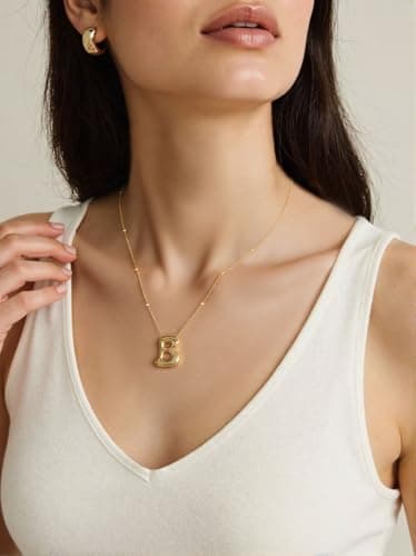 Moiegouct 14K Gold Plated 3D Initial Necklace with Beaded Chain Personalized Jewelry for Women