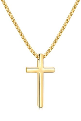 Fiusem Men's Silver/Gold/Black Cross Necklace, 2.5mm Chain, Stainless Steel Pendant, 16-24 Inch