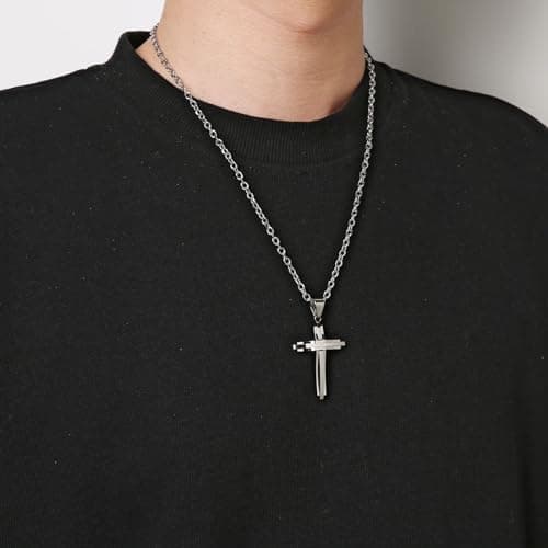 HZMAN Mens Silver Cross Pendant Necklace 22+2 Inches Chain