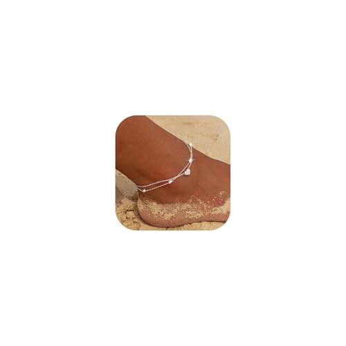 Moodear Silver Anklets for Women - Waterproof Layered Heart Charm Anklet