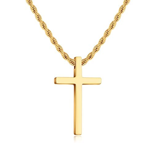 Ailetop Black Silver Gold Cross Necklace, Men's Stainless Steel Rope Chain, 16-24 Inch