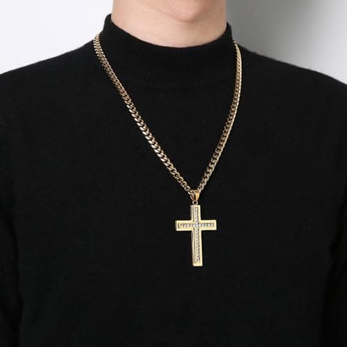 HZMAN Men's Stainless Steel Cross Necklace with CZ Inlay 7mm Cuban Chain 24 inches