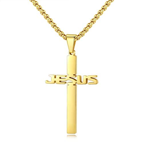 Stainless Steel Jesus Cross Pendant Necklace for Men & Women, 20-24 Inches Rolo Chain, Christian Gifts