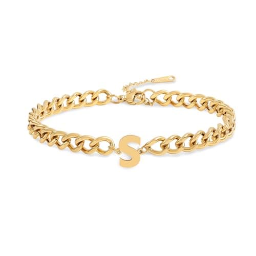 Jwicklirrng Men's 18K Gold Plated Letter Charm Bracelet A-ZAdjustable Cuban Chain for Boyfriend or Father