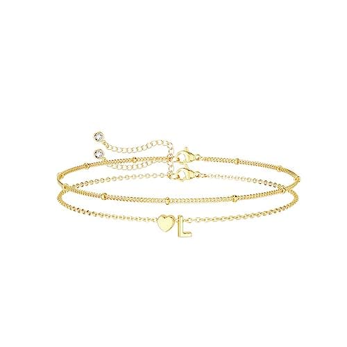 DearMay Dainty Heart Initial Gold Bracelets for Women Trendy 14K Real Gold Jewelry