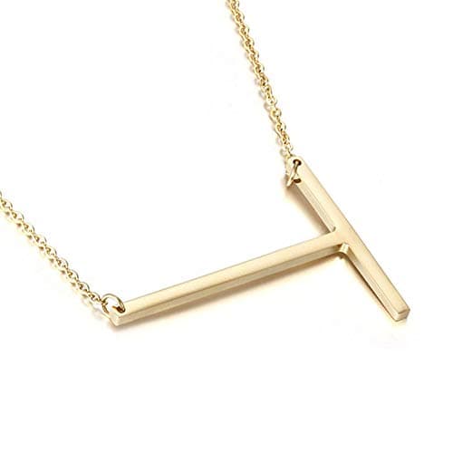 MOMOL Sideways Initial Necklace - Large 18K Gold Plated Stainless Steel Pendant for Women