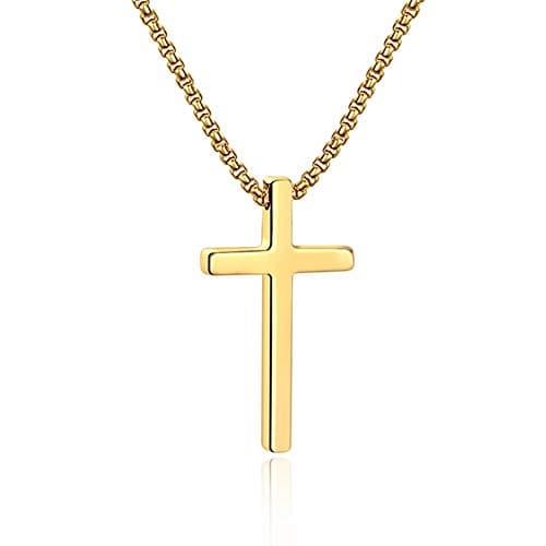 IEFSHINY Men's Stainless Steel Cross Pendant Necklaces, 16-30 Inches Gold/Silver/Black