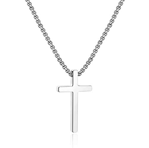 Men's Stainless Steel Cross Pendant Necklace, Silver Black Gold, 16-30 Inches Box Chain
