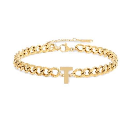 Jwicklirrng Men's 18K Gold Plated Letter Charm Bracelet A-ZAdjustable Cuban Chain for Boyfriend or Father