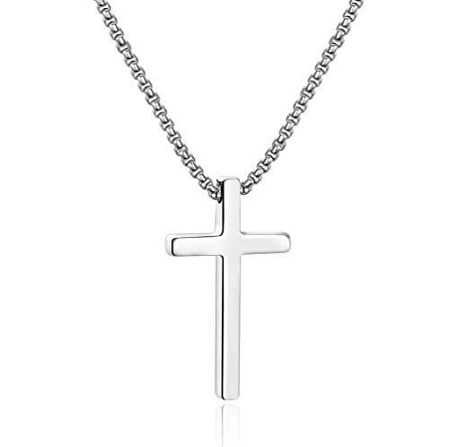 Men's Stainless Steel Cross Pendant Necklace, Silver Black Gold, 16-30 Inches Box Chain