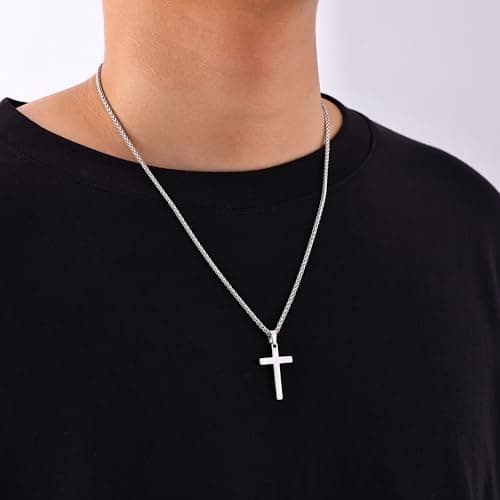 Fiusem Men's Silver Tone Cross Necklace, Stainless Steel Wheat Chain, 16-24 Inch