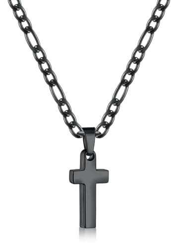 Fiusem Men's Stainless Steel Black Cross Necklace, 3.5mm Figaro Chain 16-24 Inches
