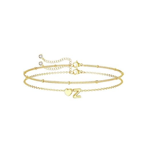 DearMay Dainty Heart Initial Gold Bracelets for Women Trendy 14K Real Gold Jewelry