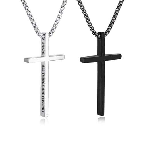 OLARCU Men's Silver & Black Stainless Steel Bible Verse Cross Pendant Necklace