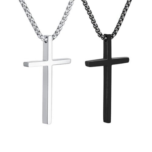 OLARCU Men's Silver & Black Stainless Steel Bible Verse Cross Pendant Necklace
