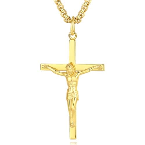 FANCIME Men's Sterling Silver Crucifix Necklace, Strong Stainless Steel Chain, Polished Finery