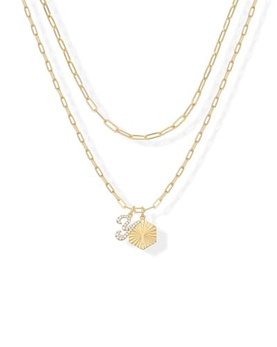 PavoI 14K Gold Plated Hexagon Initial Pendant Layered Necklace for Women | Paperclip Chain