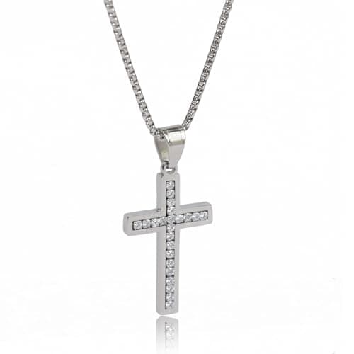 VI-FA Men's Cross Necklace with Pave CZ Pendant & 22-Inch Box Chain