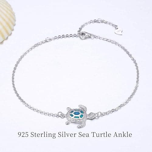PUPILLEMON Blue Opal Sea Turtle Anklet, Women's Sterling Silver Jewelry (Large Size)
