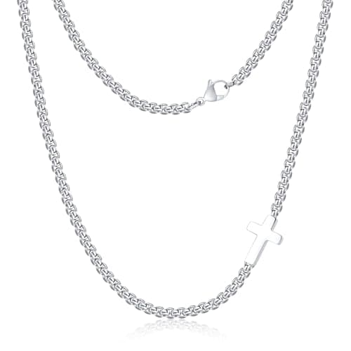 FLHEART Stainless Steel Mens Cross Necklace, Silver/Black Box Chain, 20"/22"