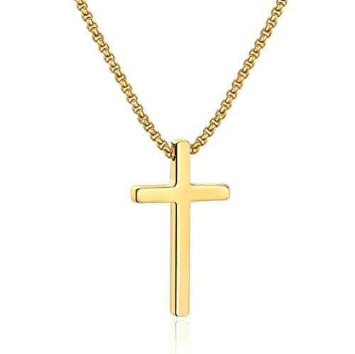 Men's Stainless Steel Cross Pendant Necklace, Silver Black Gold, 16-30 Inches Box Chain