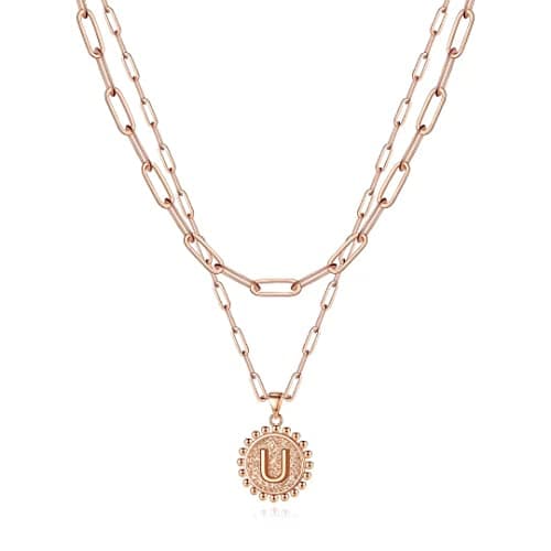Ursteel Layered Initial Necklaces for Women - 14K Gold Plated Paperclip Chain with Coin Pendant